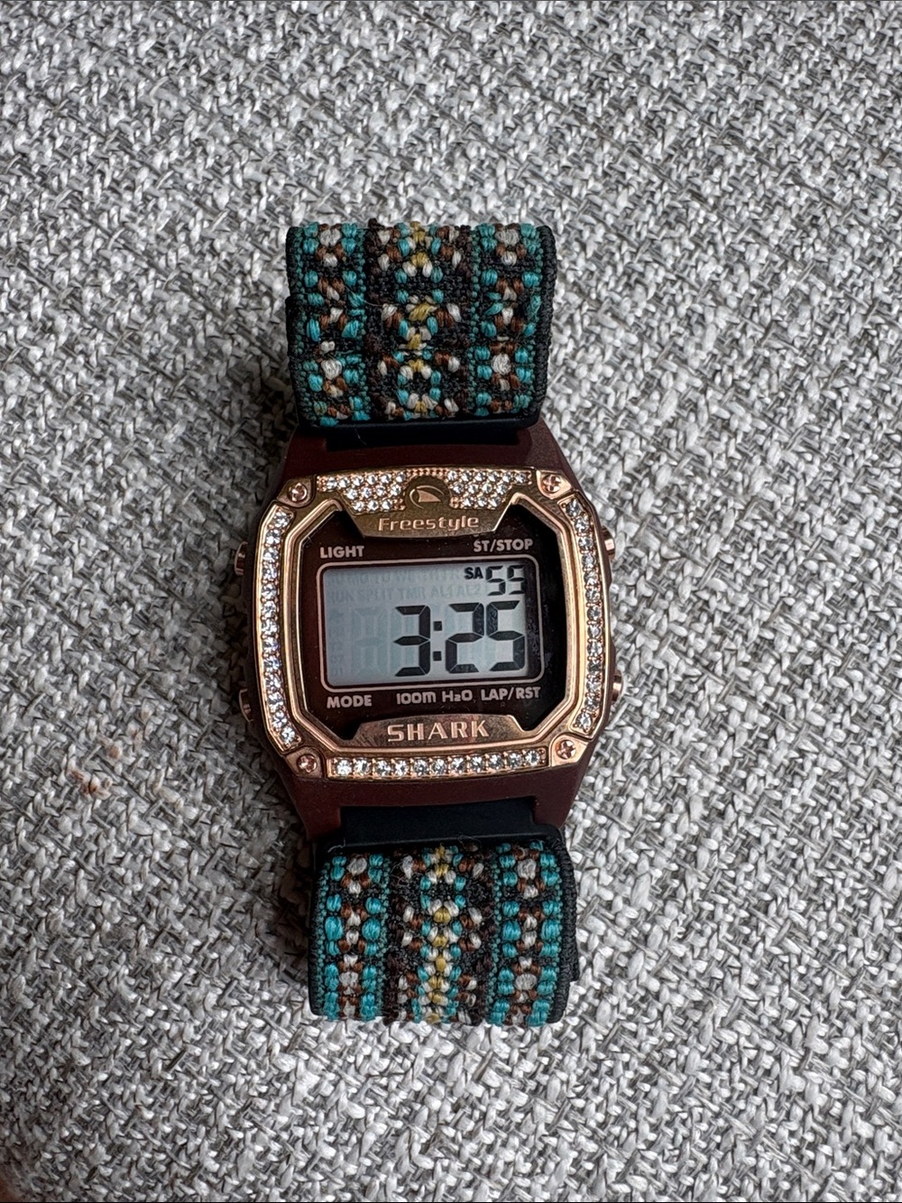 Freestyle Shark Watch with Teal and Brown Woven Strap, Rose Gold Crystal Bezel